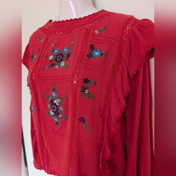 Free People Amy Red Floral Embroidered Bordado Top Medium - Picture 9 of 16